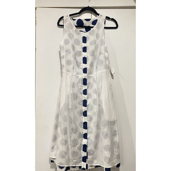 Talbots Dress Sz. 8 Polka Dot White Navy Button Pleat Fit Flare Sleeveless Belt - Picture 13 of 16